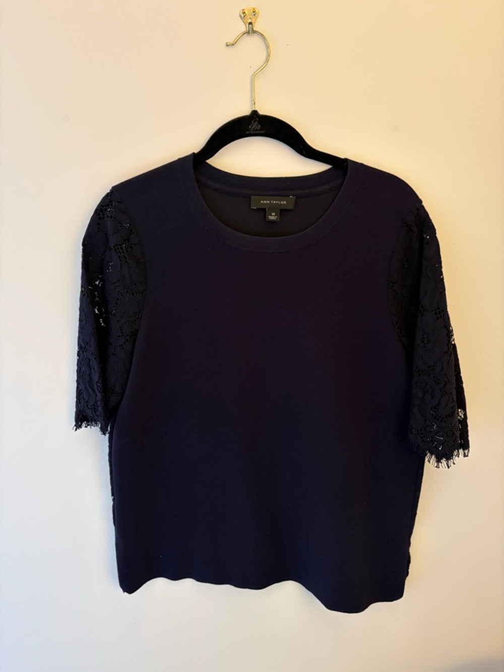 Ann Taylor Navy Lace Short Sleeve Knit Top